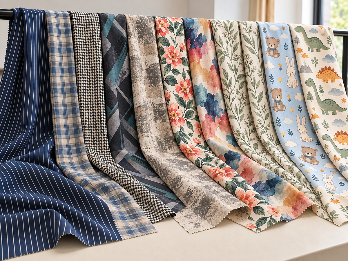 Illustrative display of printed fabric patterns including stripes, florals and children’s motifs